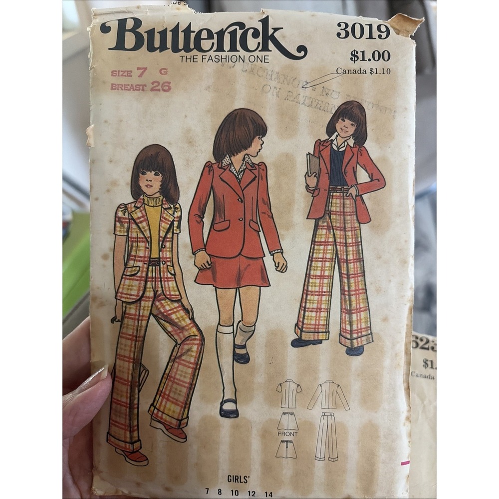 Vintage 1970s Butterick 3019 Girls Suit Sewing Pattern Size 7 Jacket Pants Skirt